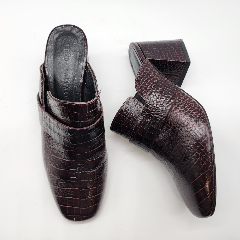 Freda Salvador‎ Croc Embossed Heeled Mules Womens 7 Brown Leather Spain
